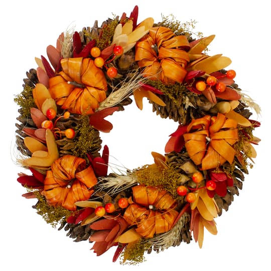 11&#x22; Brown &#x26; Orange Pinecone &#x26; Pumpkin Fall Wreath